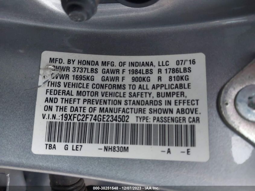 2016 HONDA CIVIC EX - 19XFC2F74GE234502