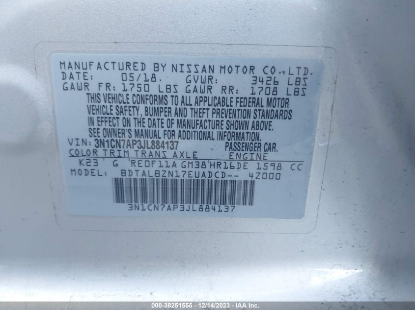2018 NISSAN VERSA 1.6 SV - 3N1CN7AP3JL884137