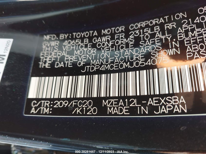 VIN JTDP4MCE0MJ054755 2021 TOYOTA COROLLA SE
