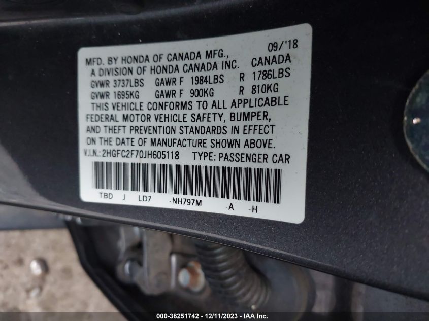 2018 HONDA CIVIC EX - 2HGFC2F70JH605118