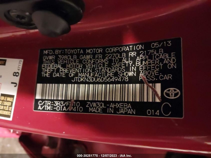 2013 TOYOTA PRIUS ONE/TWO/THREE/FOUR/FIVE - JTDKN3DU6D5649478
