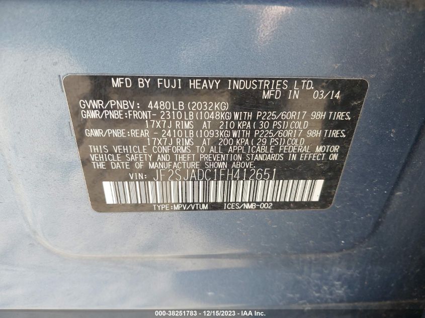 2015 SUBARU FORESTER 2.5I PREMIUM - JF2SJADC1FH412651
