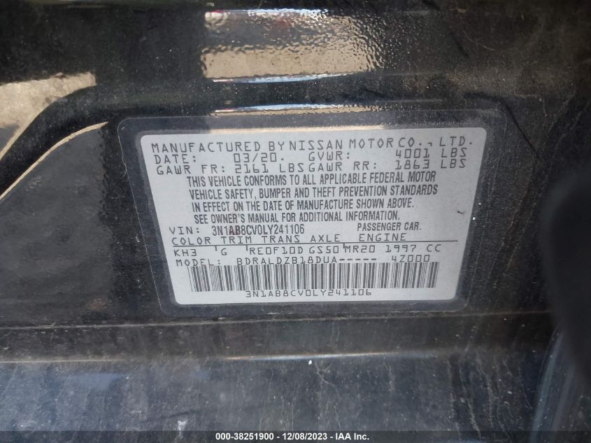 3N1AB8CV0LY241106 | 2020 NISSAN SENTRA