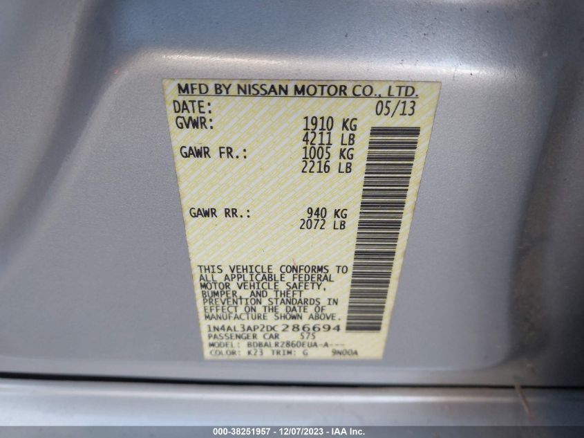 2013 NISSAN ALTIMA 2.5/S/SV/SL - 1N4AL3AP2DC286694