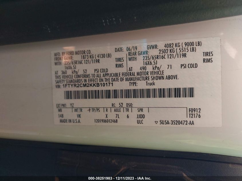 2019 FORD TRANSIT-250 - 1FTYR2CM2KKB10171