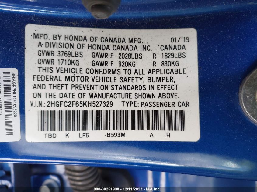 2019 HONDA CIVIC LX - 2HGFC2F65KH527329