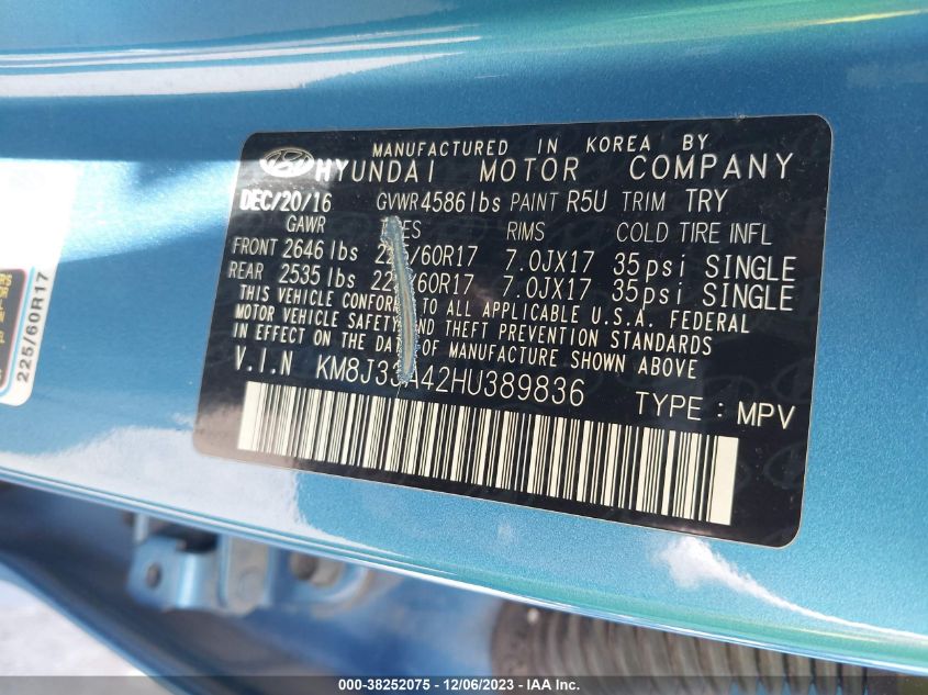 2017 HYUNDAI TUCSON SE - KM8J33A42HU389836