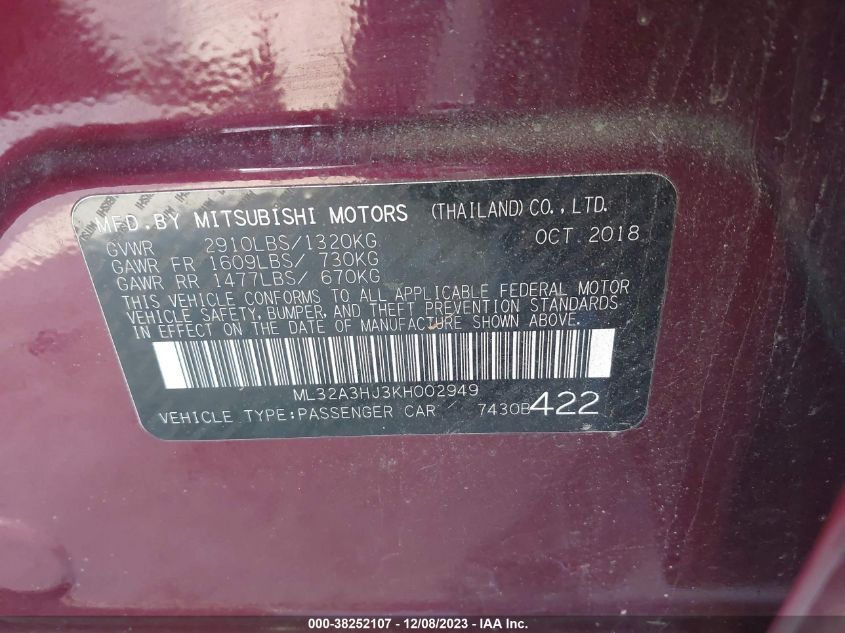2019 MITSUBISHI MIRAGE ES - ML32A3HJ3KH002949