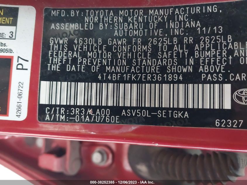 2014 TOYOTA CAMRY XLE - 4T4BF1FK7ER361894