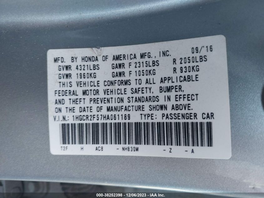 2017 HONDA ACCORD SPORT - 1HGCR2F57HA061189