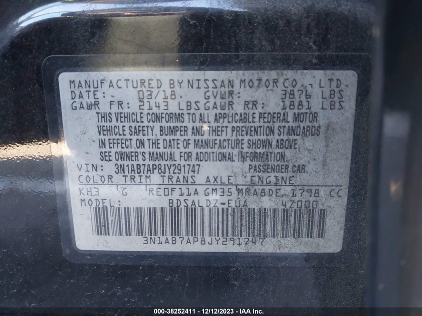 VIN 3N1AB7AP8JY291747 2018 NISSAN SENTRA SV