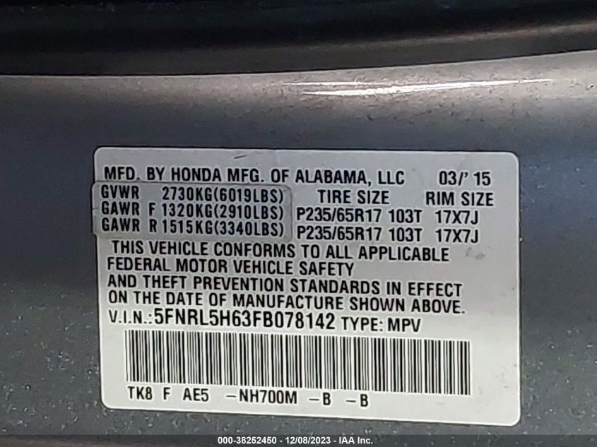 5FNRL5H63FB078142 2015 HONDA ODYSSEY, photo no. 9