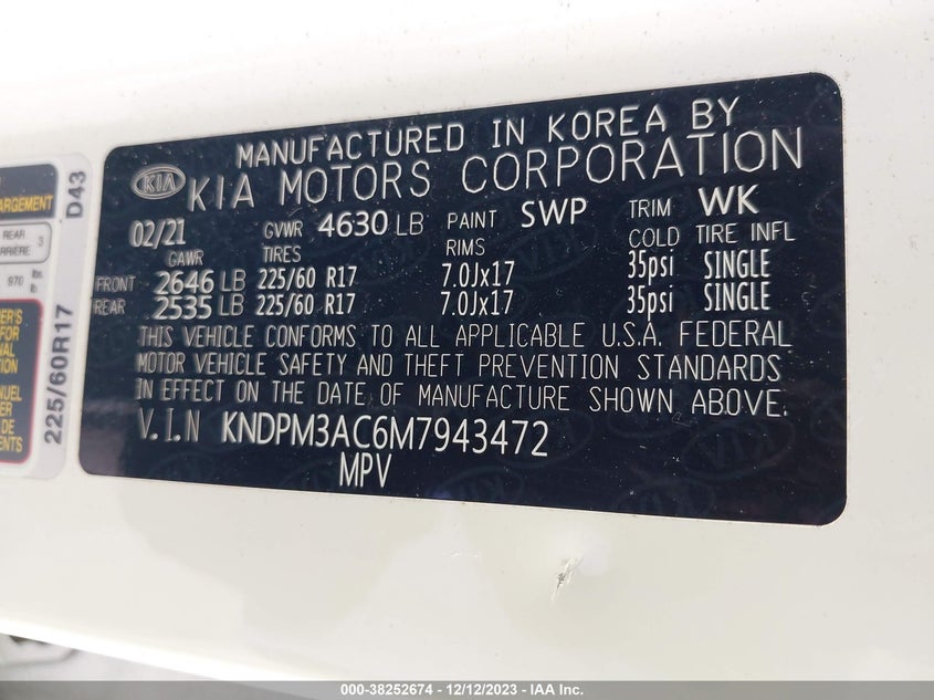 VIN KNDPM3AC6M7943472 2021 KIA SPORTAGE LX
