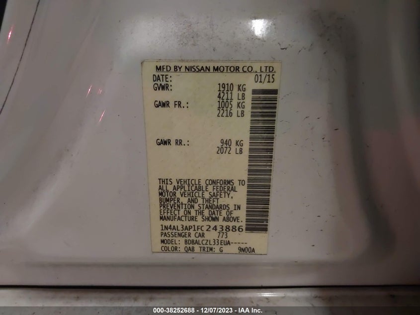 2015 NISSAN ALTIMA VIN: 1N4AL3AP1FC243886
