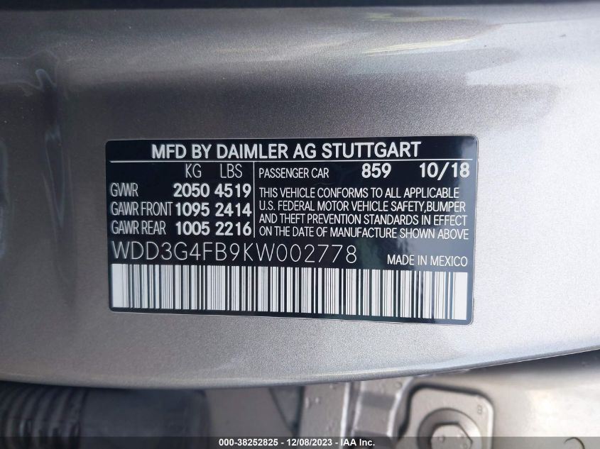 2019 MERCEDES-BENZ A 220 4MATIC - WDD3G4FB9KW002778