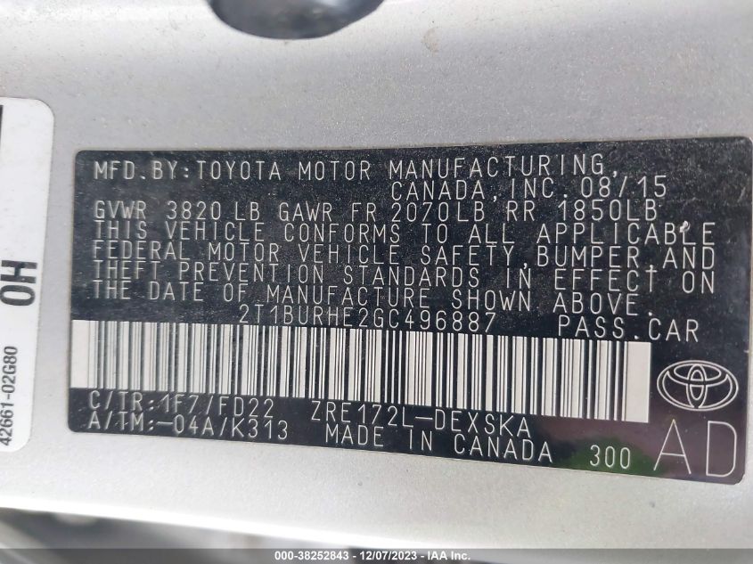 2016 TOYOTA COROLLA L/LE/LE PLS/PRM/S/S PLS - 2T1BURHE2GC496887