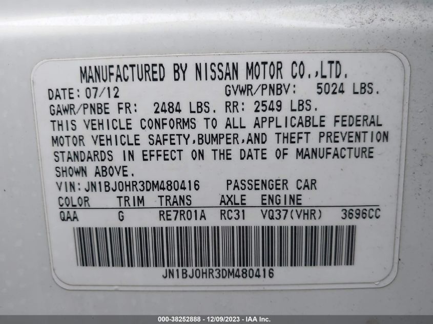 2013 INFINITI EX37 JOURNEY - JN1BJ0HR3DM480416
