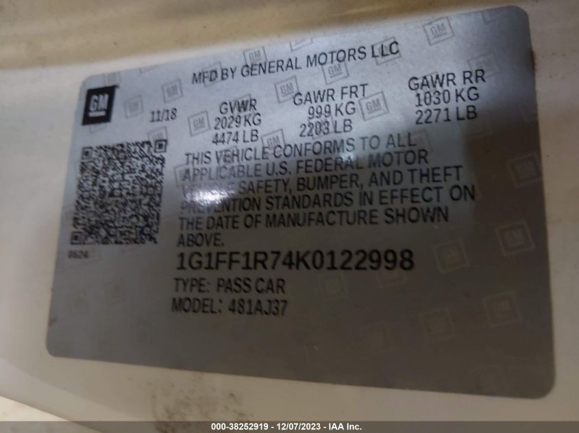 2019 CHEVROLET CAMARO SS - 1G1FF1R74K0122998
