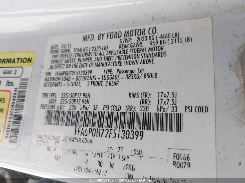 2015 FORD FUSION SE - 1FA6P0H72F5130399