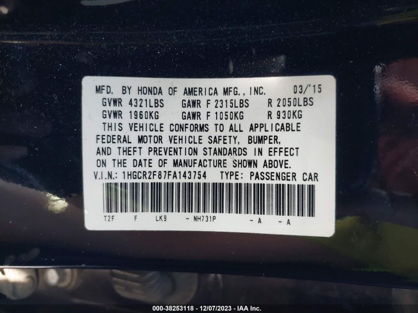 2015 HONDA ACCORD EXL - 1HGCR2F87FA143754