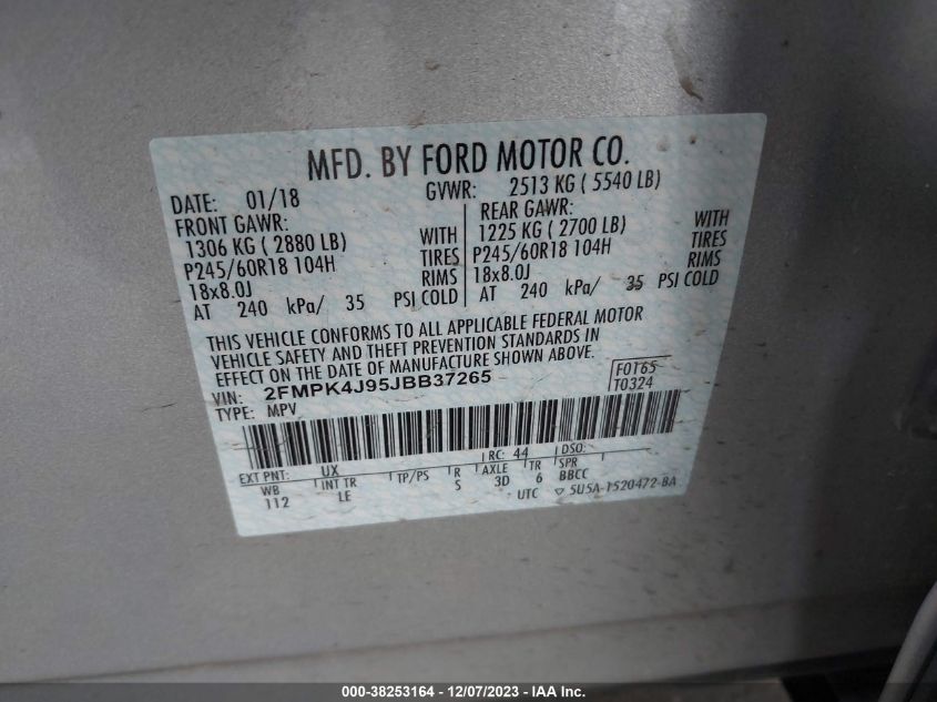 2FMPK4J95JBB37265 2018 FORD EDGE, photo no. 8