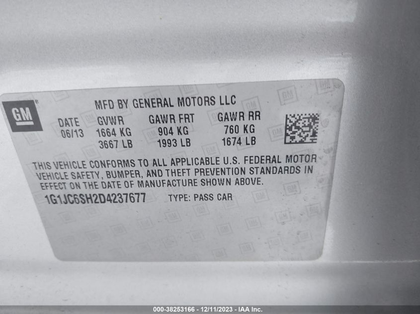 2013 CHEVROLET SONIC LT - 1G1JC6SH2D4237677