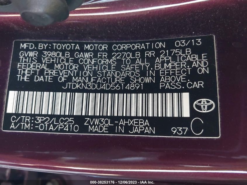 2013 TOYOTA PRIUS ONE/TWO/THREE/FOUR/FIVE - JTDKN3DU4D5614891