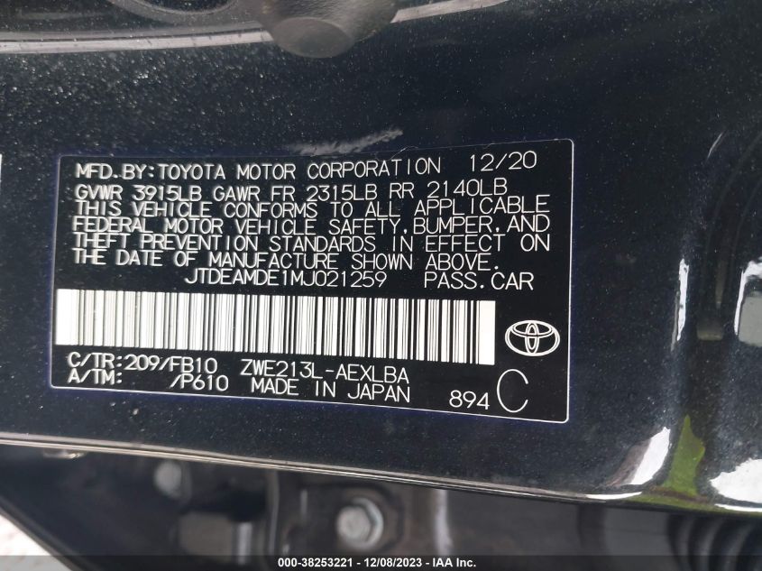 2021 TOYOTA COROLLA HYBRID LE - JTDEAMDE1MJ021259