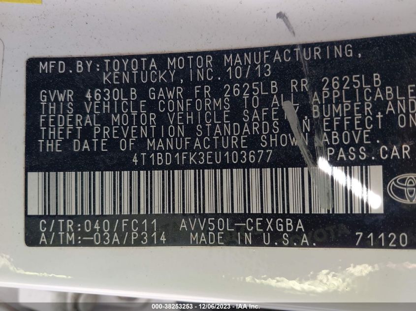 2014 TOYOTA CAMRY HYBRID XLE - 4T1BD1FK3EU103677