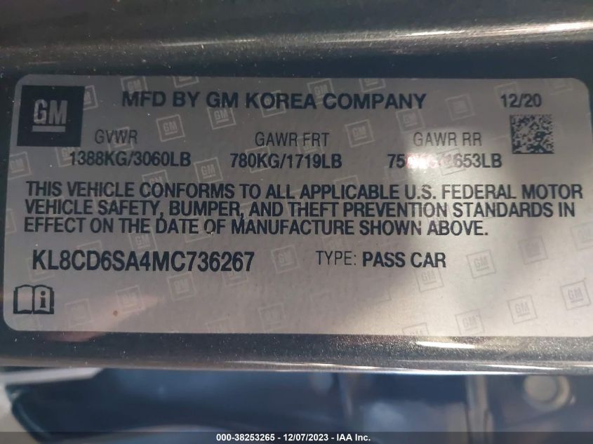 2021 CHEVROLET SPARK 1LT - KL8CD6SA4MC736267