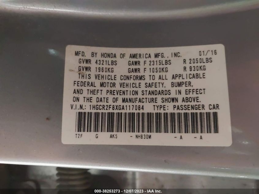2016 HONDA ACCORD EXL - 1HGCR2F8XGA117084