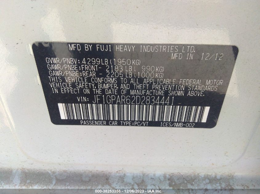 2013 SUBARU IMPREZA WAGON 2.0I SPORT LIMITED JF1GPAR62D2834441