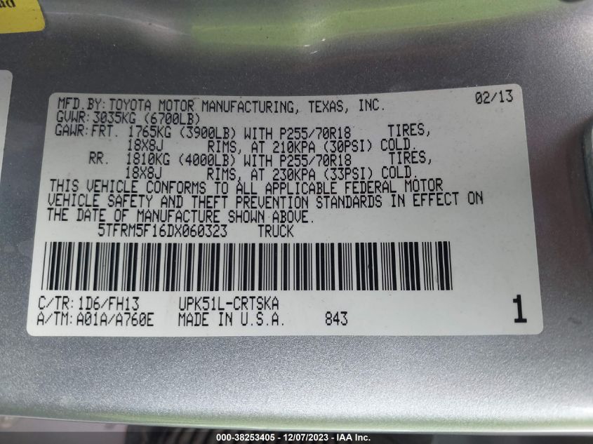 2013 TOYOTA TUNDRA GRADE 4.6L V8 - 5TFRM5F16DX060323