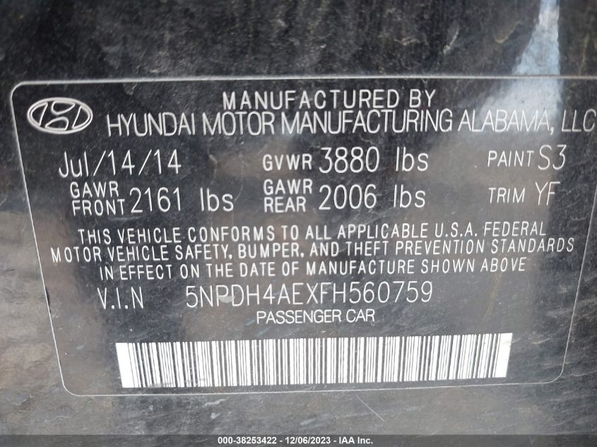 2015 HYUNDAI ELANTRA SE - 5NPDH4AEXFH560759