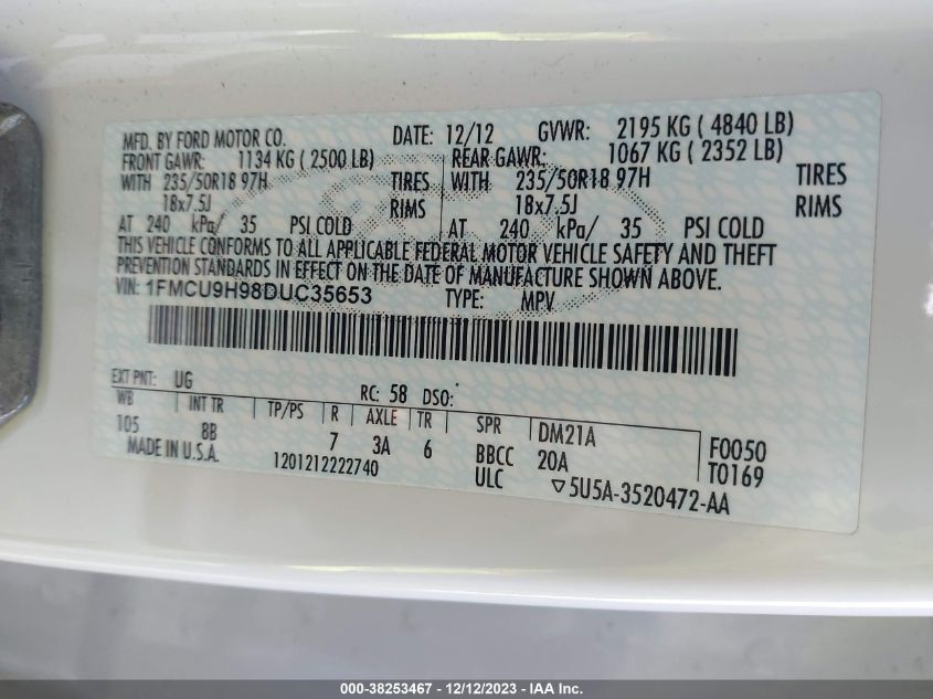 2013 FORD ESCAPE SEL - 1FMCU9H98DUC35653