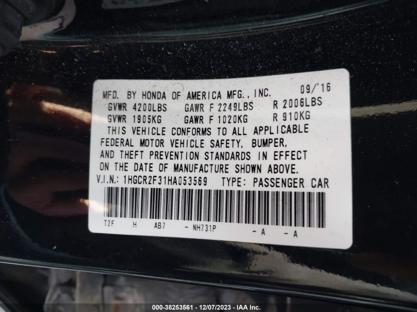 2017 HONDA ACCORD LX - 1HGCR2F31HA053569