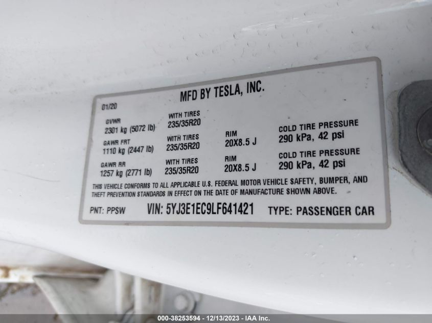 2020 TESLA MODEL 3 - 5YJ3E1EC9LF641421