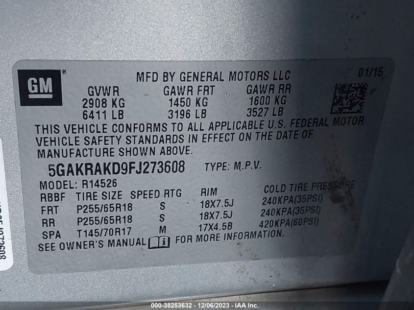 2015 BUICK ENCLAVE CONVENIENCE - 5GAKRAKD9FJ273608