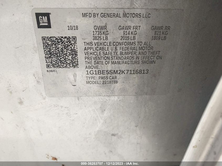 2019 CHEVROLET CRUZE LT - 1G1BE5SM2K7116813