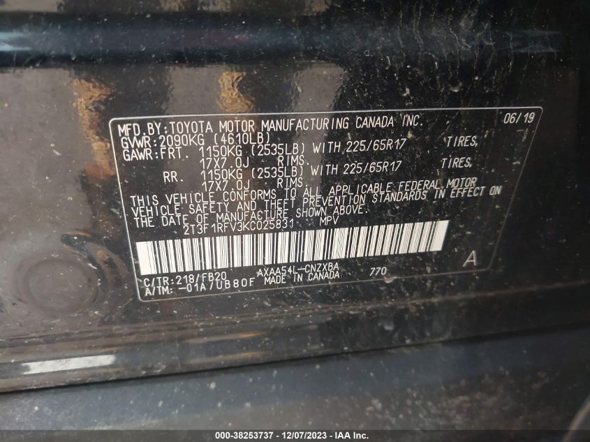 2019 TOYOTA RAV4 LE - 2T3F1RFV3KC025831