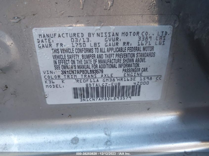 2013 NISSAN VERSA 1.6 SL - 3N1CN7AP8DL893579