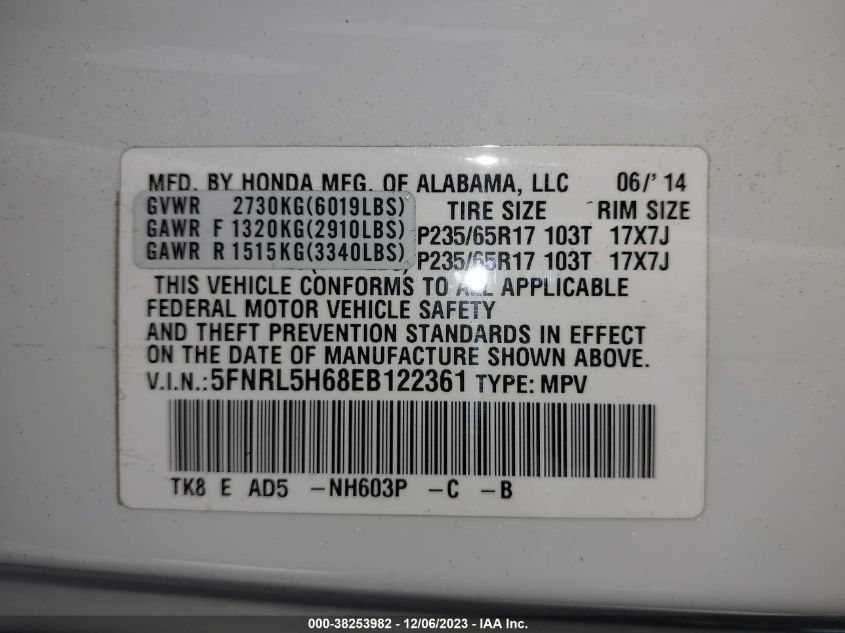 5FNRL5H68EB122361 2014 HONDA ODYSSEY, photo no. 9