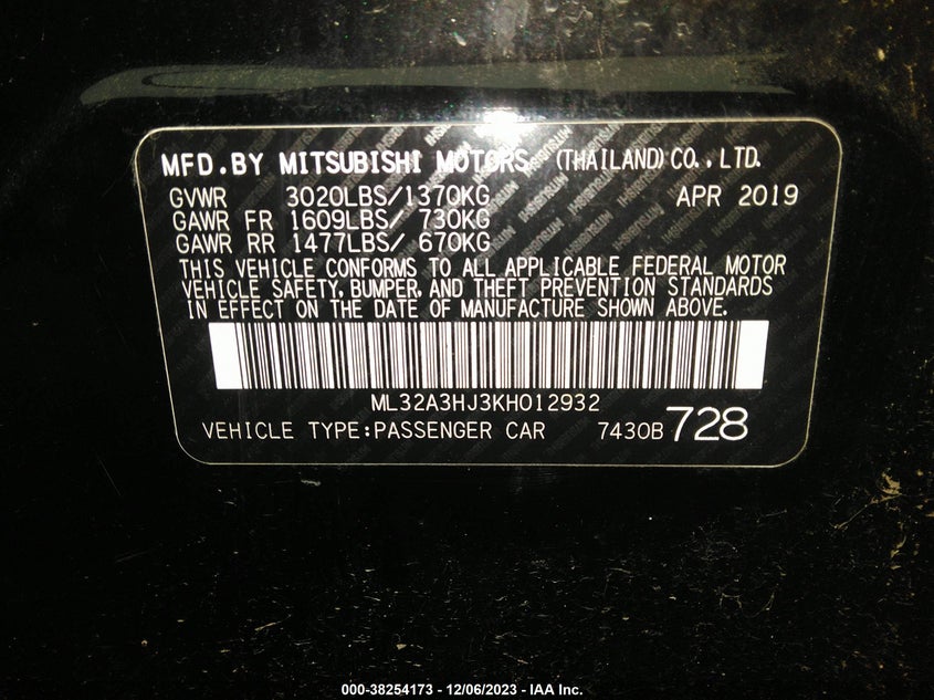 VIN ML32A3HJ3KH012932 2019 MITSUBISHI MIRAGE ES/RF
