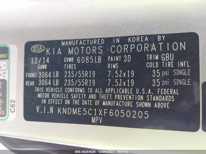2015 KIA SEDONA SX LUXURY - KNDME5C1XF6050205