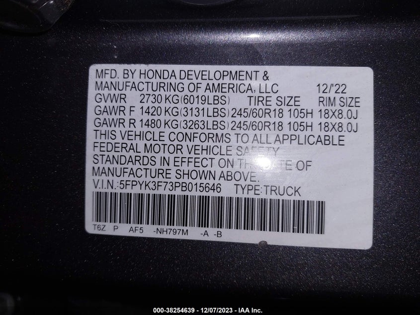 VIN 5FPYK3F73PB015646 2023 HONDA RIDGELINE RTL-E