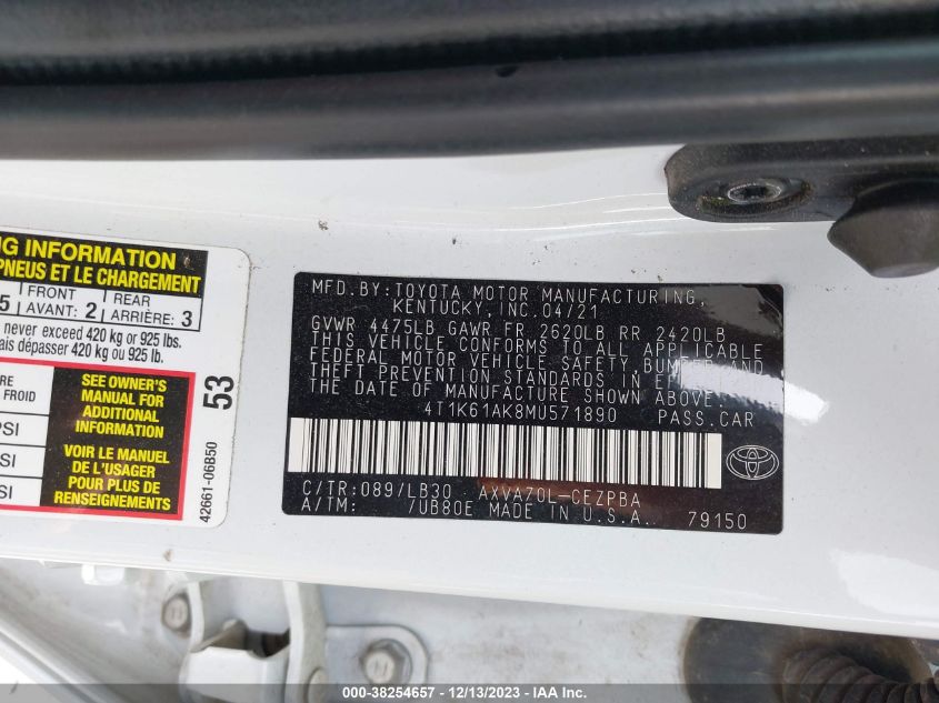 2021 TOYOTA CAMRY XSE - 4T1K61AK8MU571890