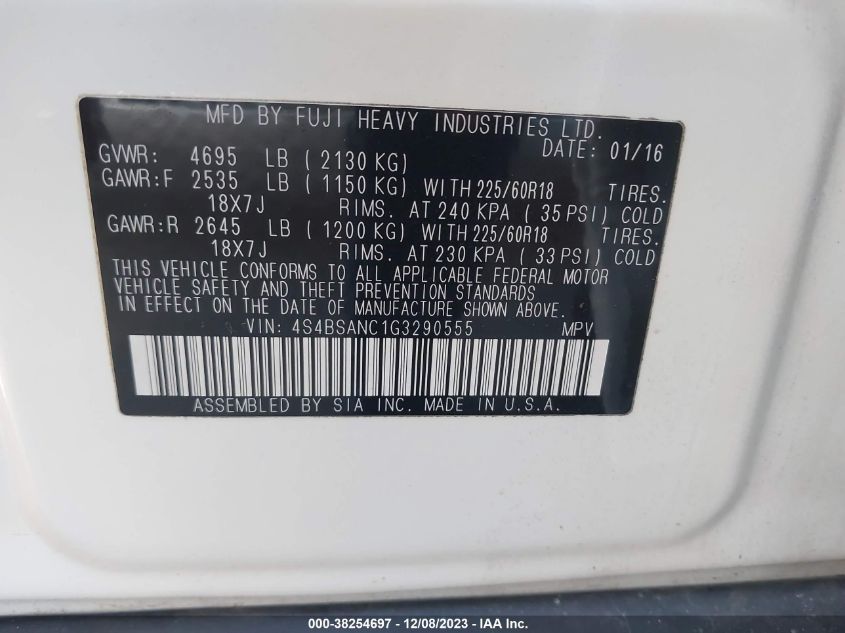 2016 SUBARU OUTBACK 2.5I LIMITED - 4S4BSANC1G3290555