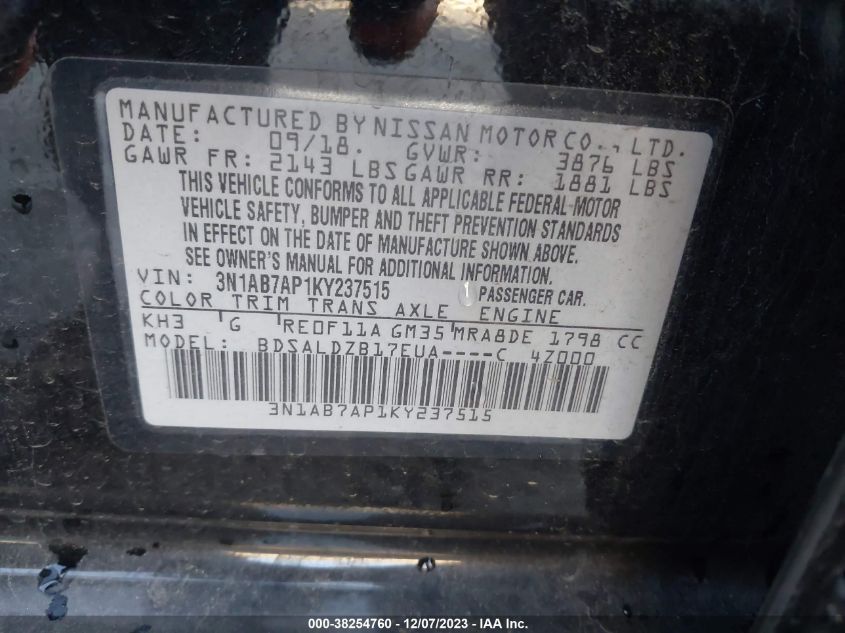 VIN 3N1AB7AP1KY237515 2019 NISSAN SENTRA SV