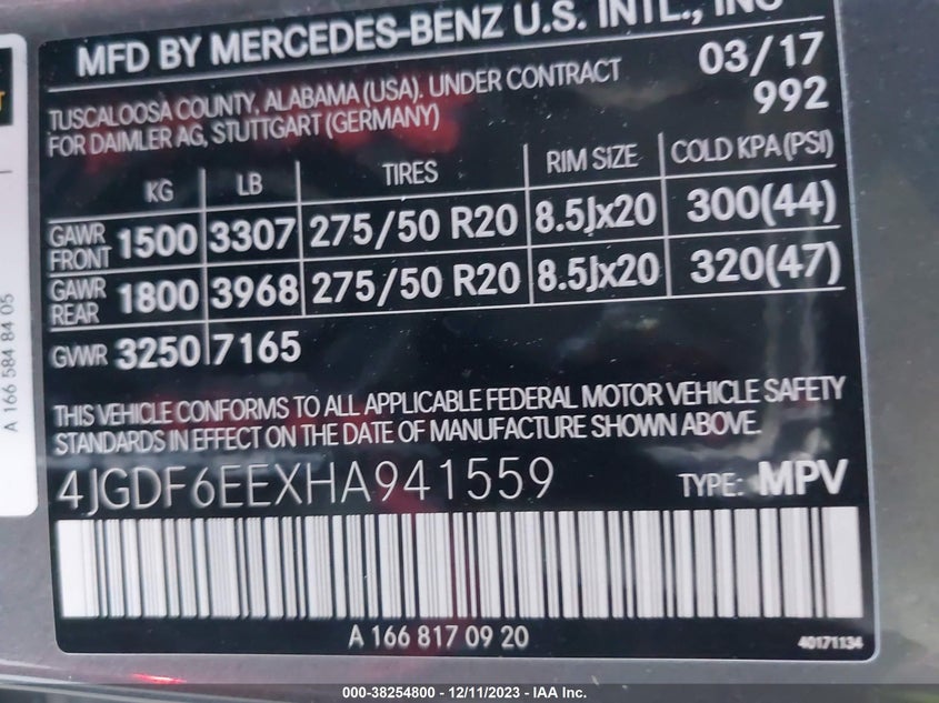 VIN 4JGDF6EEXHA941559 2017 MERCEDES-BENZ GLS 450 4MATIC
