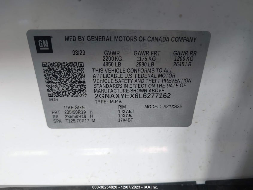 VIN 2GNAXYEX6L6277162 2020 CHEVROLET EQUINOX PREMIER
